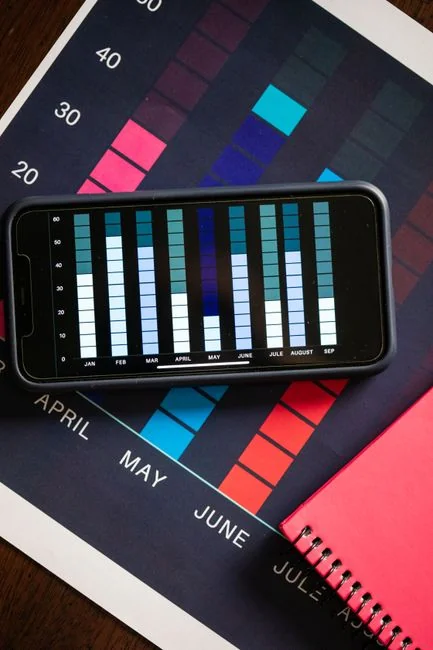A top view on charts and smartphone in an office, showcasing data analytics.